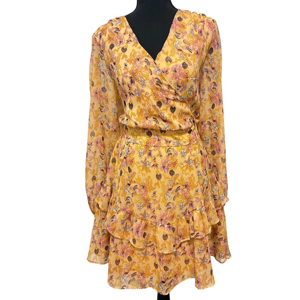 Walter Baker Mishka Dress Womens 8 Peach Orange Floral Ruffle Mini Long Sleeve